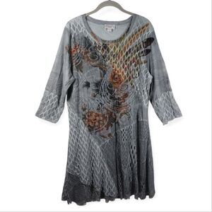 Kamana Tunic Dress Women's XL Gray layered Sheer Lined Mesh Floral